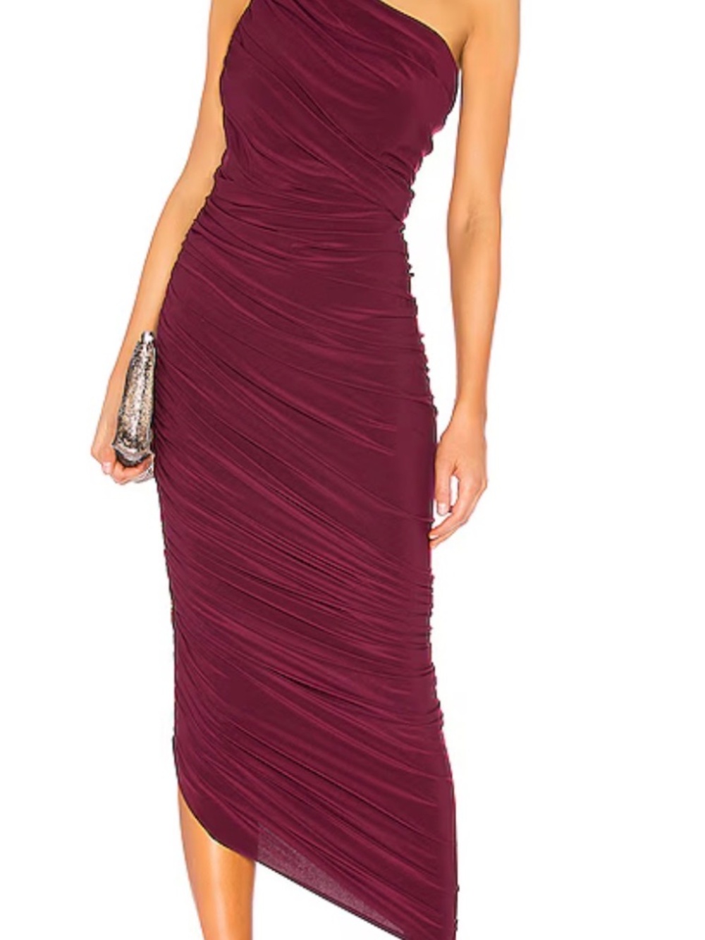 Norma Kamali One-Shoulder Ruched Midi Dress in Burgundy - Picture 2 of 6